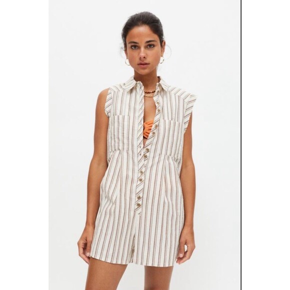 Urban Outfitters Women Romper Boho Brown Stripe Zoey Workwear City Sz S New